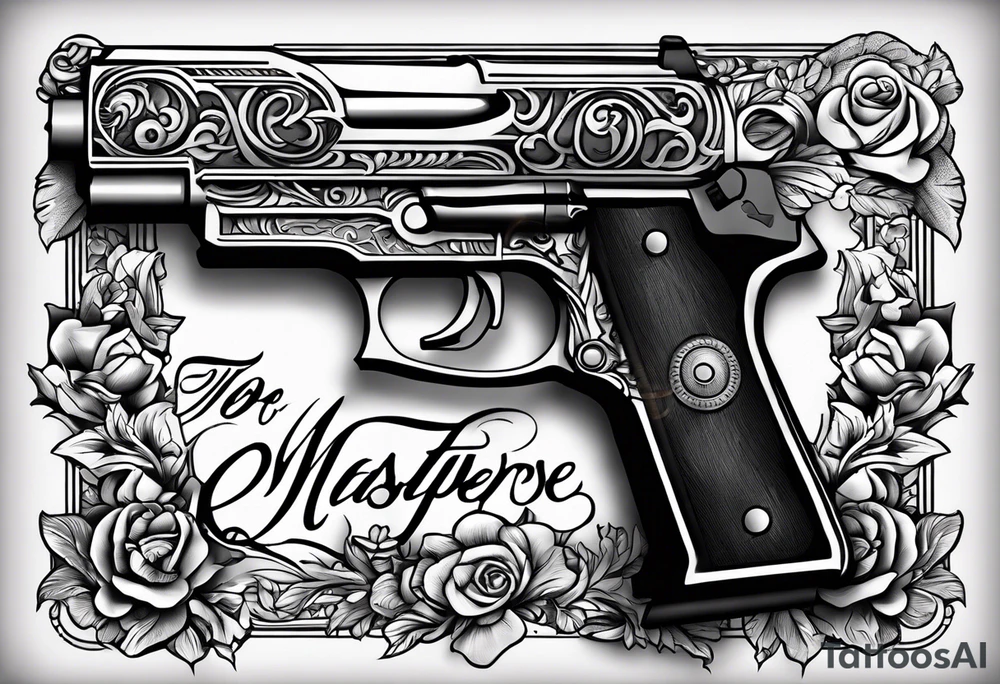 The letters AR with a pistol on each side and the word always on the top and the word ready on the bottom tattoo idea