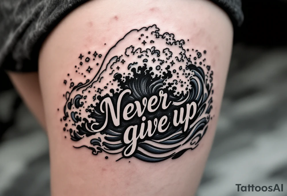 "Never give up" flowing through the waves of a black and navy blue ocean scene. tattoo idea