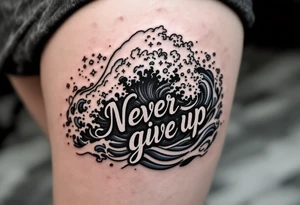 "Never give up" flowing through the waves of a black and navy blue ocean scene. tattoo idea