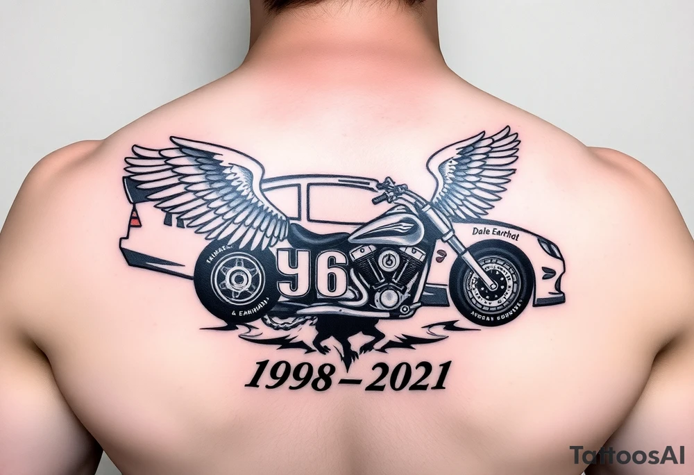 Dale Earnhardt car on it with the year 1958 - 2021 intertwined with a motorcycle on it with guardian angel wolves tattoo idea