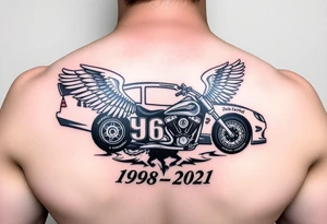 Dale Earnhardt car on it with the year 1958 - 2021 intertwined with a motorcycle on it with guardian angel wolves tattoo idea