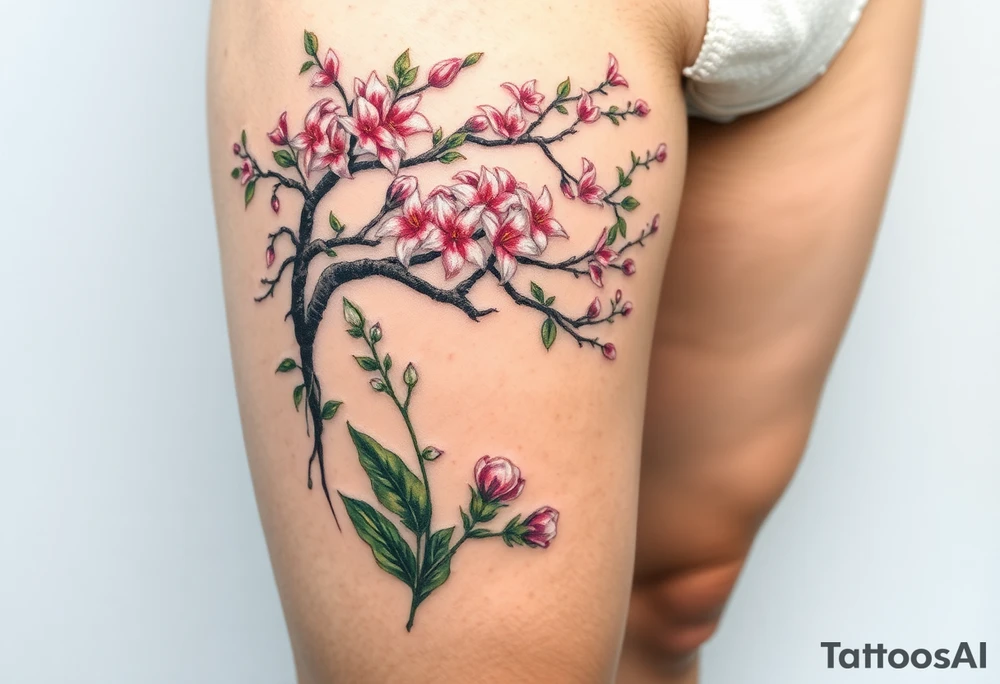 Lilly of the vally plants underneath a blooming hawthorn tree tattoo idea