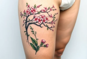 Lilly of the vally plants underneath a blooming hawthorn tree tattoo idea