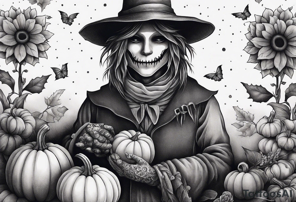 Scarecrow with pumpkins and flowers tattoo idea