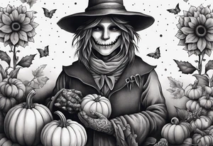 Scarecrow with pumpkins and flowers tattoo idea