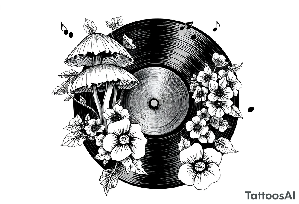 vinyl record with mushrooms, flowers, and music notes tattoo idea