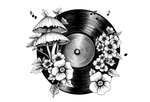 vinyl record with mushrooms, flowers, and music notes tattoo idea