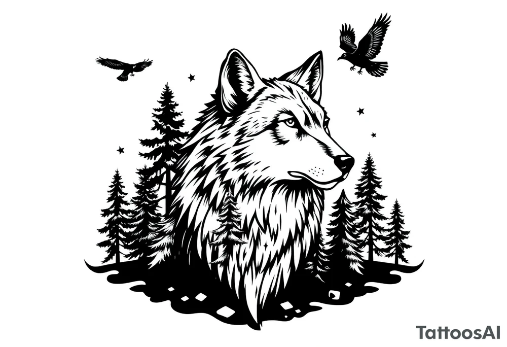 Wolf head surrounded by large pine trees growing from black ground and small ravens flying overhead tattoo idea