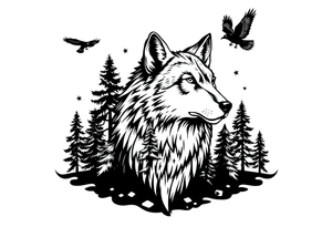 Wolf head surrounded by large pine trees growing from black ground and small ravens flying overhead tattoo idea