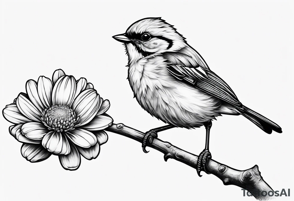 little bird, sitting on a branch biting a daisy tattoo idea