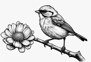 little bird, sitting on a branch biting a daisy tattoo idea