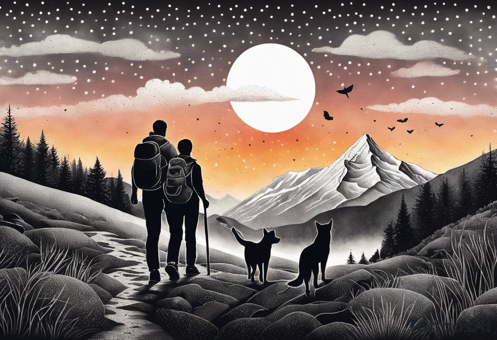 nature, sunset, mountains, a father and son hiking with their dog and cat and a cross tattoo idea