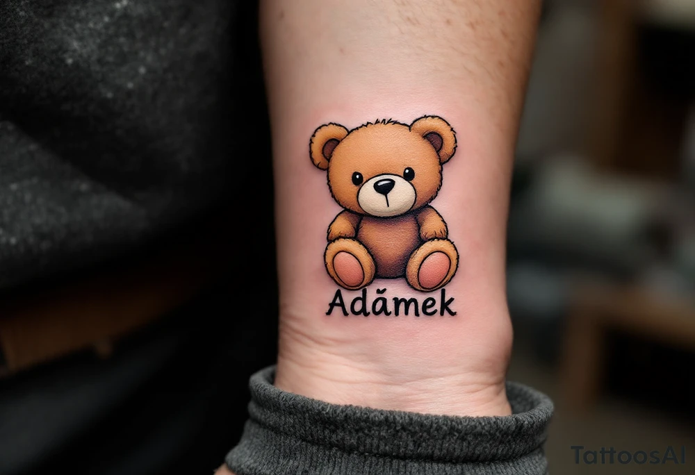 Adámek name written inside a light brown teddy bear, stitched in soft outline style. tattoo idea
