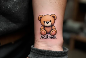 Adámek name written inside a light brown teddy bear, stitched in soft outline style. tattoo idea