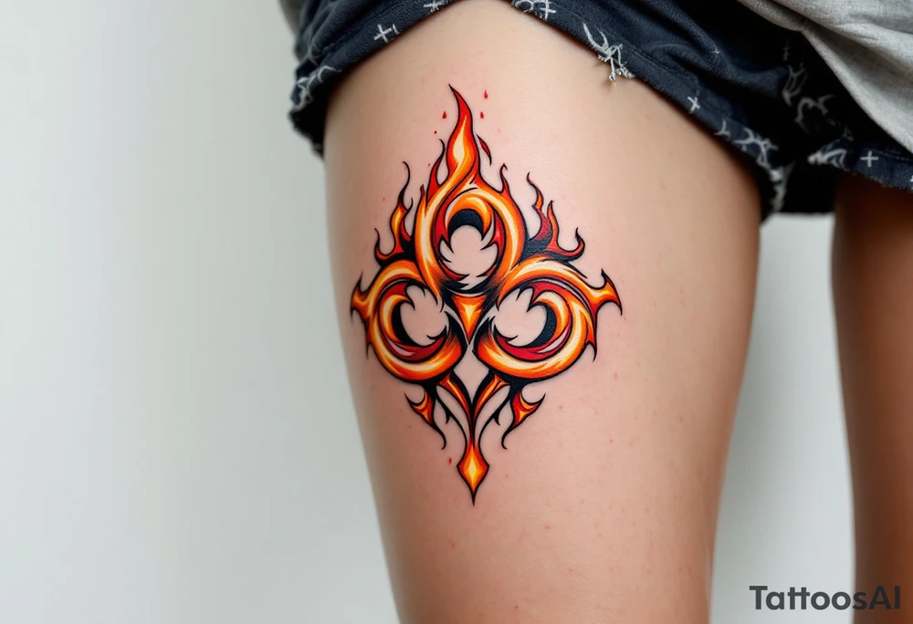 A bold, fiery triskelion with swirling flames in shades of orange, red, and yellow, symbolizing transformation, passion, and energy. The design can incorporate Celtic knotwork within the spirals for added depth. tattoo idea