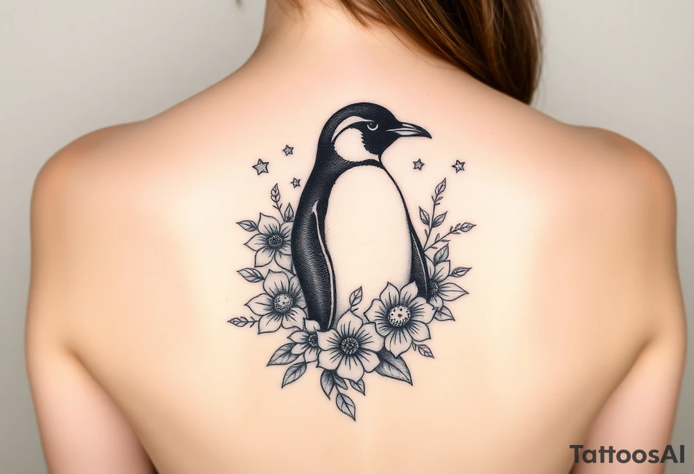 Penguin with stars and flowers black ink
Matching w someone tattoo idea
