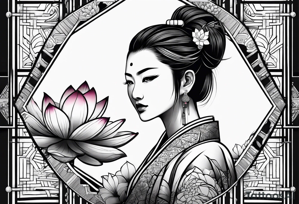 female samurai lotus flowers neotribal tattoo idea