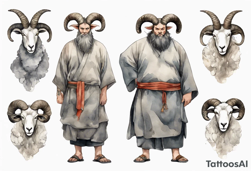 a large man wearing a grey tunic with the head of a big horned sheep and hooves for feet tattoo idea
