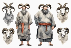 a large man wearing a grey tunic with the head of a big horned sheep and hooves for feet tattoo idea