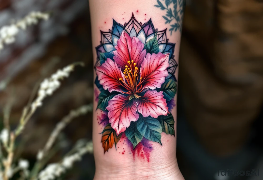 rhododendron trippy with mandala behind tattoo idea