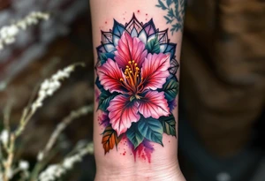 rhododendron trippy with mandala behind tattoo idea