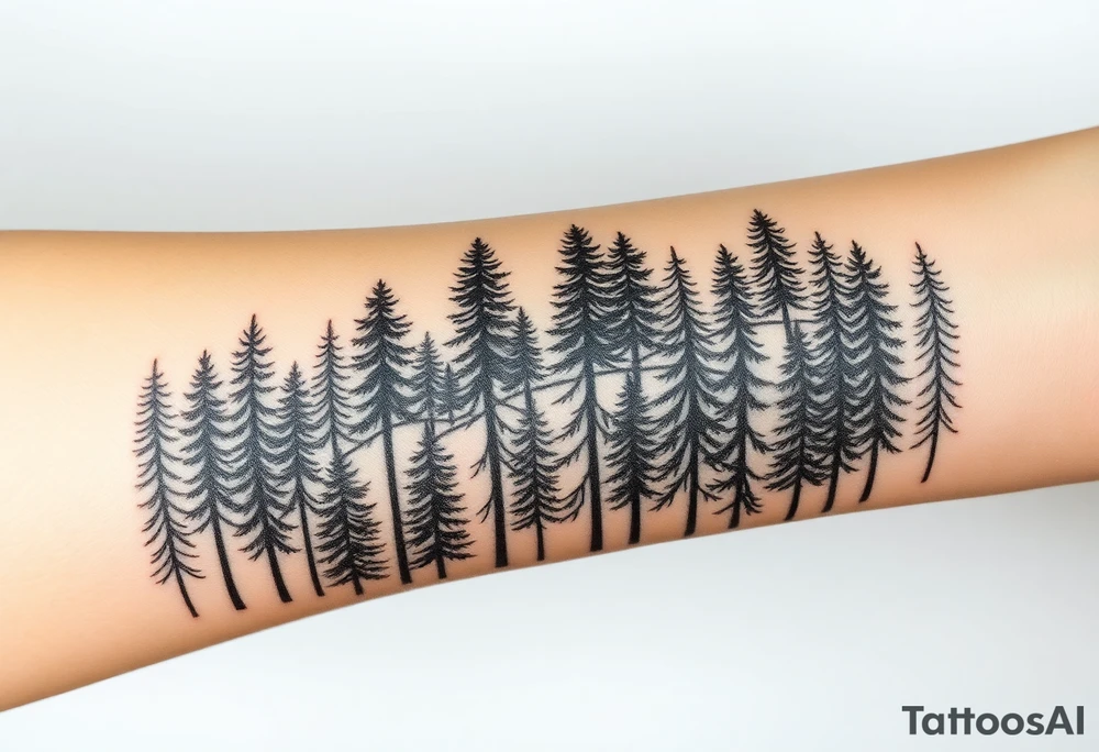 Densely wooded area full of tall pine trees tattoo idea