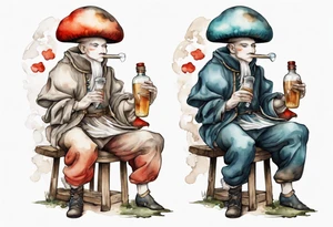 a mushroom wearing medieval clothes sitting on a stool drinking from a bottle tattoo idea