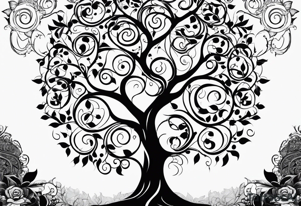 fine line vines, tree, minor geometric aspects. Utilize some negative space. tattoo idea