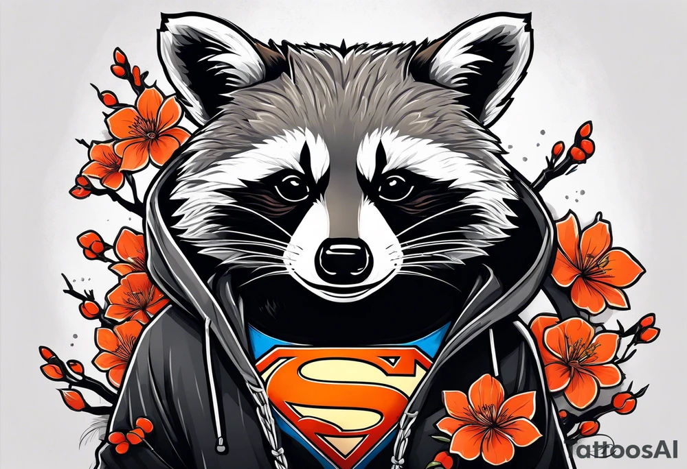 Raccoon wearing a white Superman logo on a black hoodie and orange Japanese cherry blossoms tattoo idea