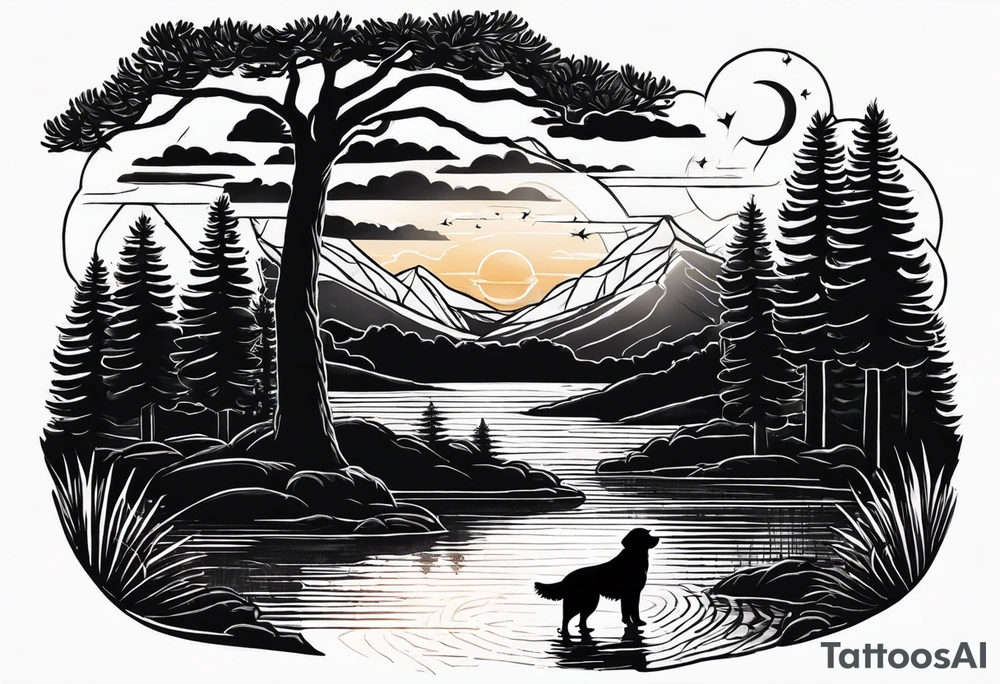 a sunset with two pine trees , a pond and a golden retriever and a Texas theme tattoo idea