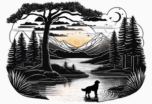 a sunset with two pine trees , a pond and a golden retriever and a Texas theme tattoo idea