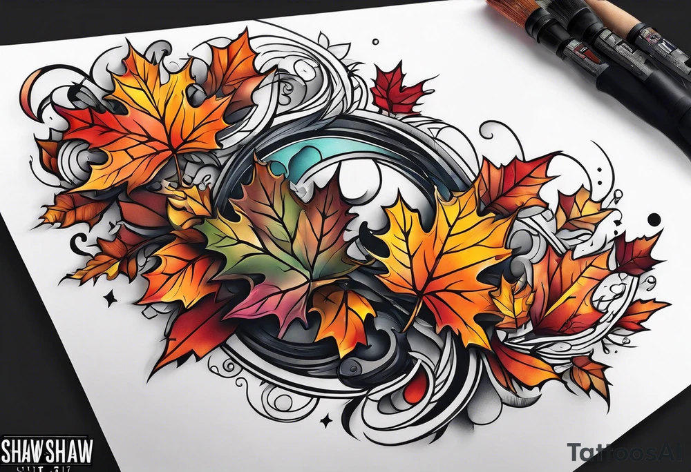 Arm Sleeve Tattoo with fall colors flat tattoo idea