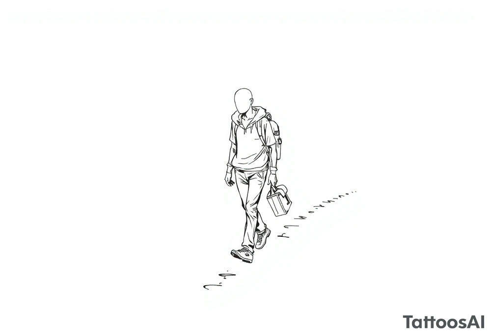 Everything everywhere all at once :Confusion and pressure in thin lines solo traveler with no face with his body parts left on the path behind him he’s walking carefully with much regret tattoo idea