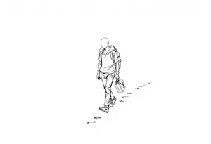 Everything everywhere all at once :Confusion and pressure in thin lines solo traveler with no face with his body parts left on the path behind him he’s walking carefully with much regret tattoo idea