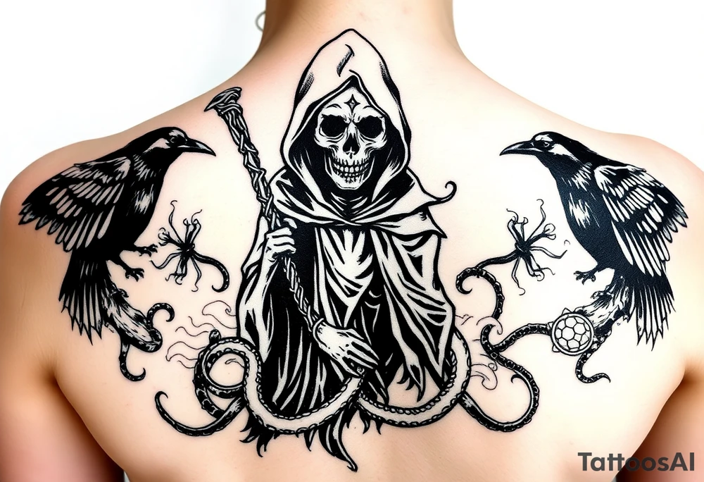 Grim reaper on the middle (big) crows and snakes ans smoke around that tattoo idea
