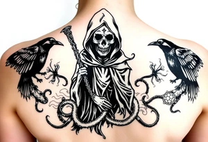 Grim reaper on the middle (big) crows and snakes ans smoke around that tattoo idea