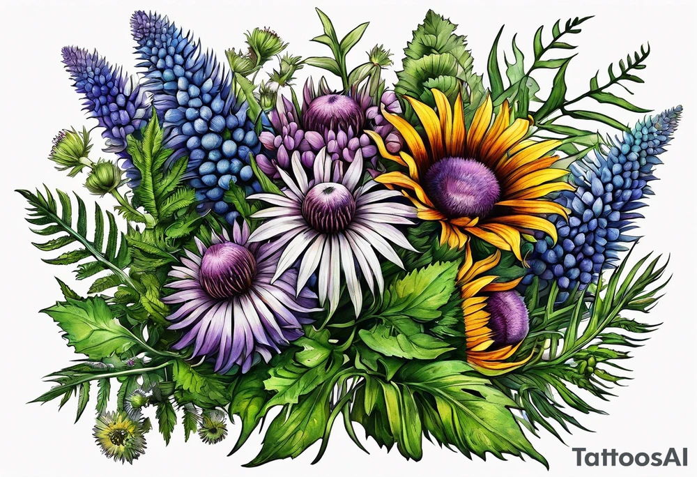 saturated mixed wildflower bouquet with ferns and thistles with color tattoo idea