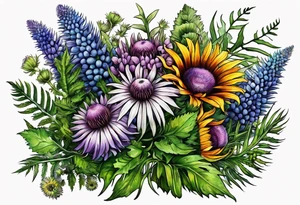 saturated mixed wildflower bouquet with ferns and thistles with color tattoo idea