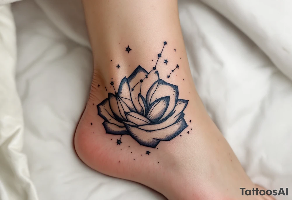 The constellation in champagne gold is integrated into the folds of a flowing robe on a navy-outlined maiden. tattoo idea