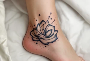 The constellation in champagne gold is integrated into the folds of a flowing robe on a navy-outlined maiden. tattoo idea