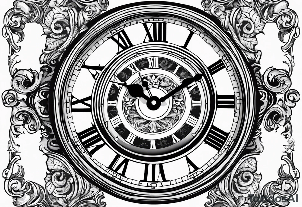 Pocket clock with the time 5:25 on. Underneath a scroll with 04/09/2014 tattoo idea