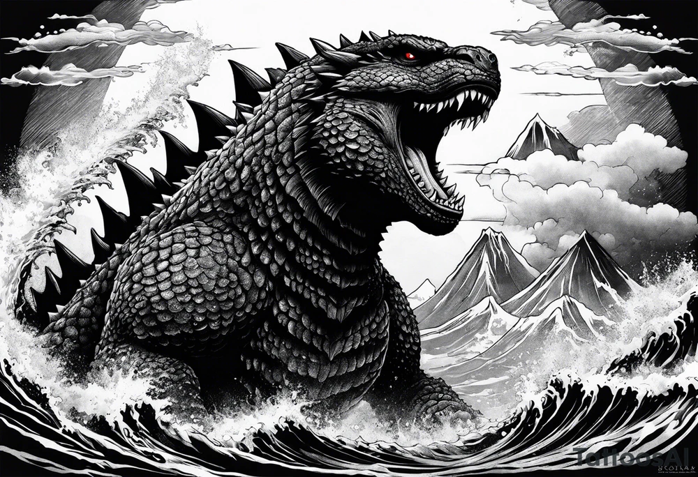 Legendary Godzilla in the ocean tattoo idea