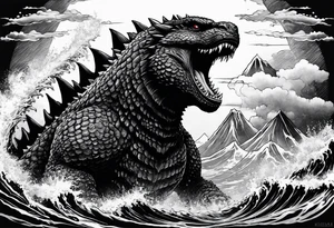 Legendary Godzilla in the ocean tattoo idea