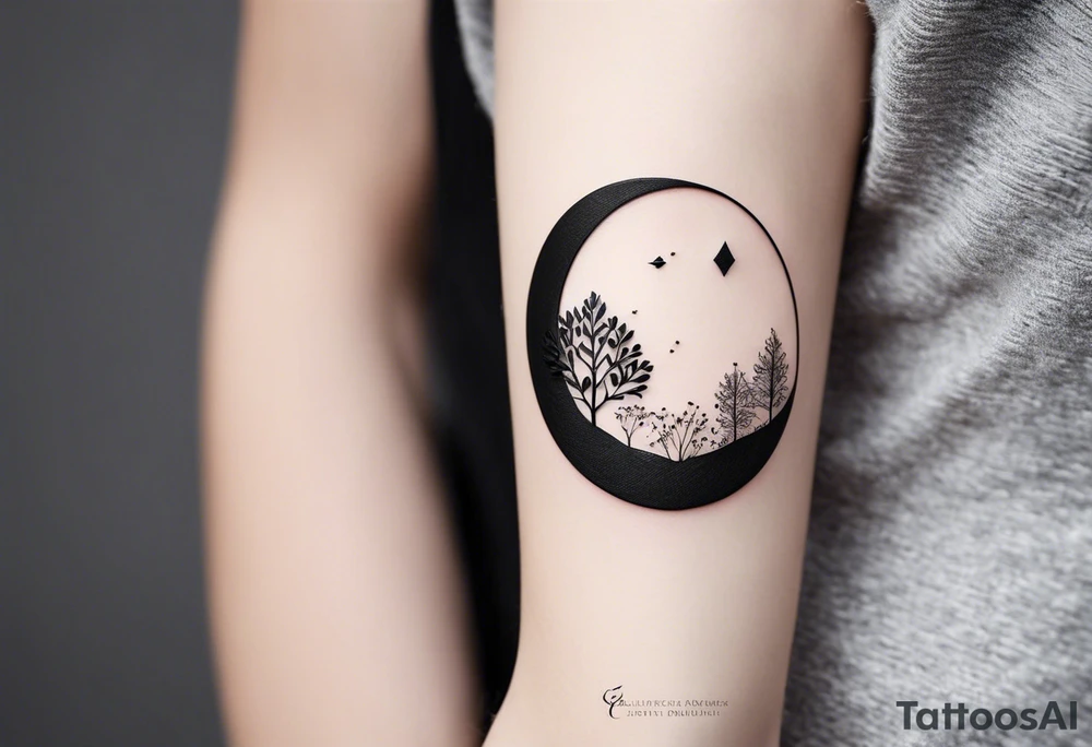 Here’s a description for the fourth idea:

	Minimalist black-and-white tattoo above the inner elbow, featuring an open circle with a small sprouting seed or budding plant inside, symbolizing new life and growth. From the seed, a fine, delicate lifeline extends outward, representing the journey of parent and child together. The design uses thin, clean lines for a simple, elegant, and symbolic look. tattoo idea