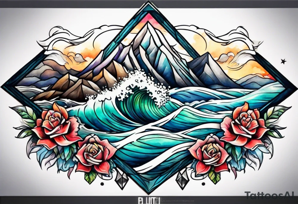 Mountains and ocean waves  crashing diamond shape tattoo idea