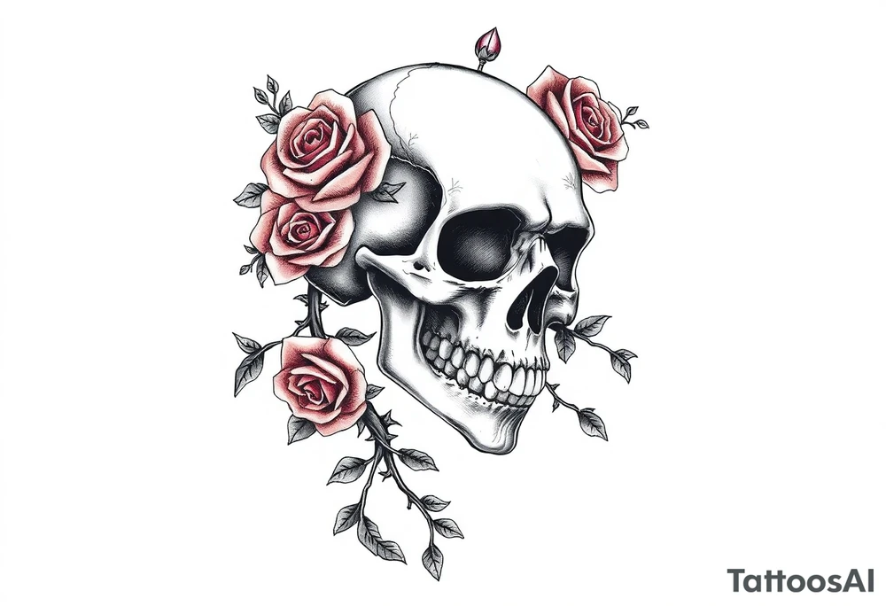 gothic skull intertwined with climbing roses and thorny vines tattoo idea