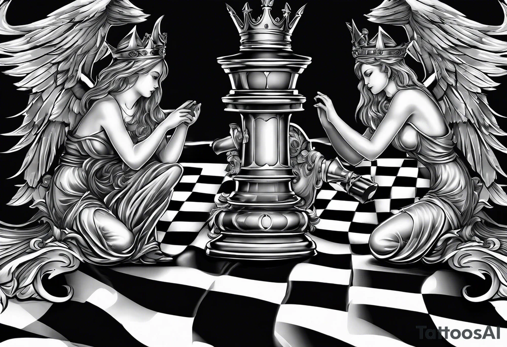 2 people chessboard with angelic and demonic chess pieces engaged in a strategic game, symbolizing the eternal battle between good and evil tattoo idea