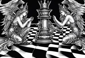 2 people chessboard with angelic and demonic chess pieces engaged in a strategic game, symbolizing the eternal battle between good and evil tattoo idea
