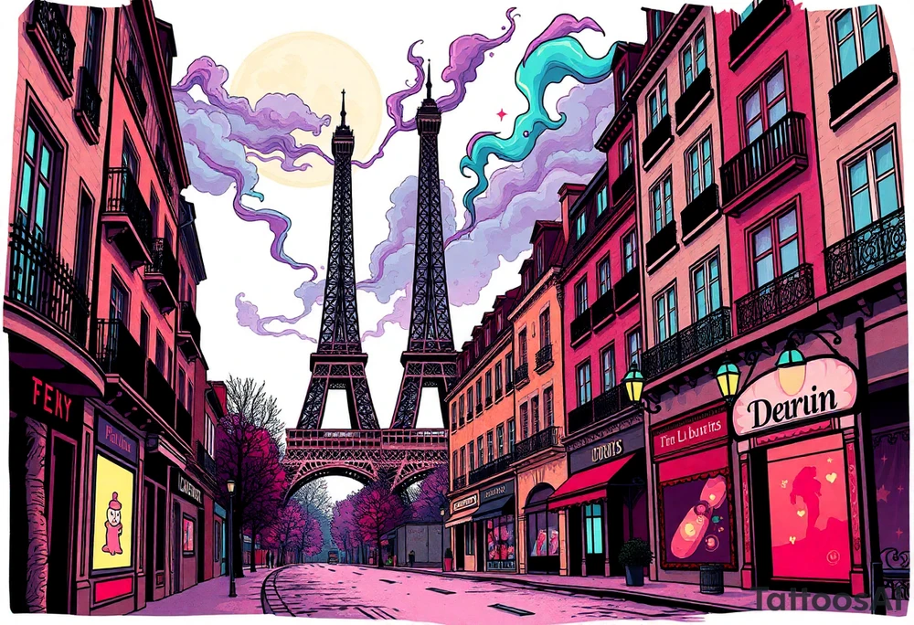 Tim Burton’s paris streets with effel tower from outside view is the street abandoned and dripping with muted reds, dusty pinks, and eerie green glow purple and cyan smokey clouds swirl and dance in the moonlit night sky filled with twinkling stars  tattoo idea tattoo idea