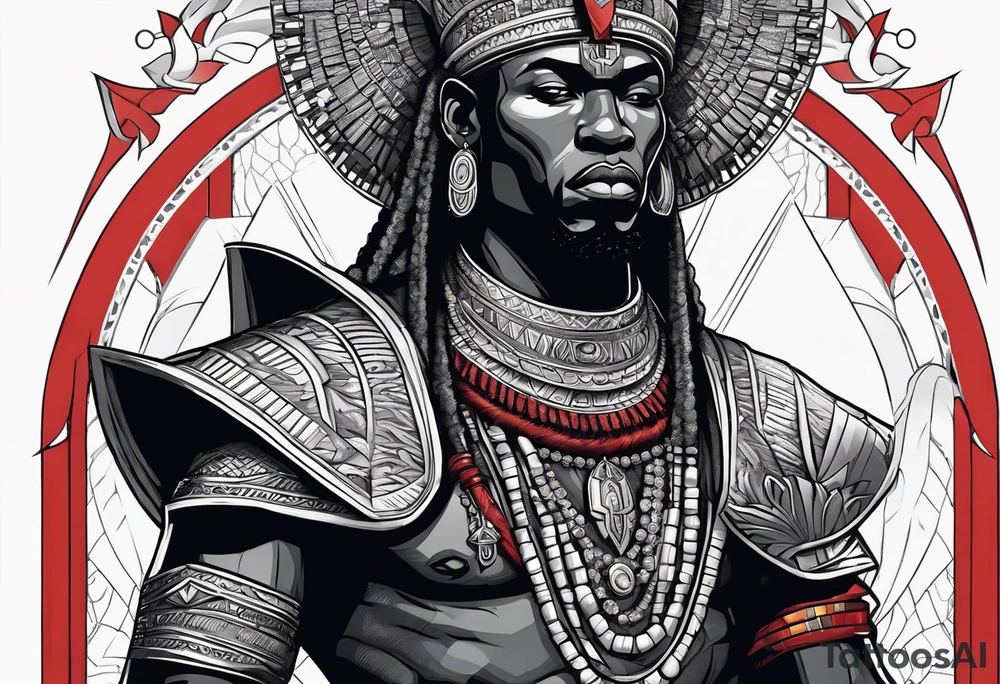 An african god, a warrior, that uses a sword and a silver crown. He also uses blue and red necklaces tattoo idea